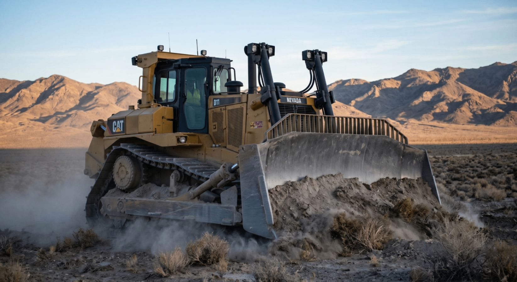 Bulldozer pushing earth across a Nevada desert job site